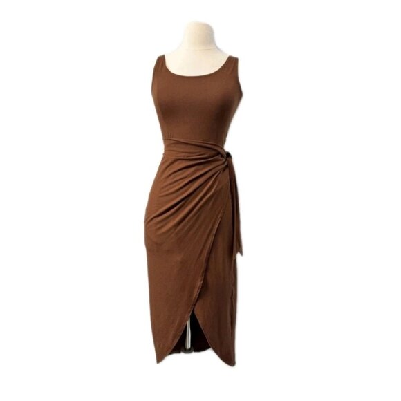 Reformation Womens M Brown Kalia Wrap Midi Dress Sleeveless Bodycon Tie Waist - Picture 1 of 10